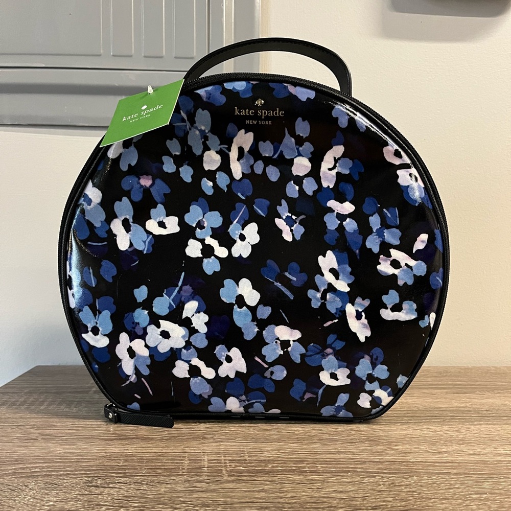 Kate Spade Hat Box Style Case with Matching makeup case purple flowers.